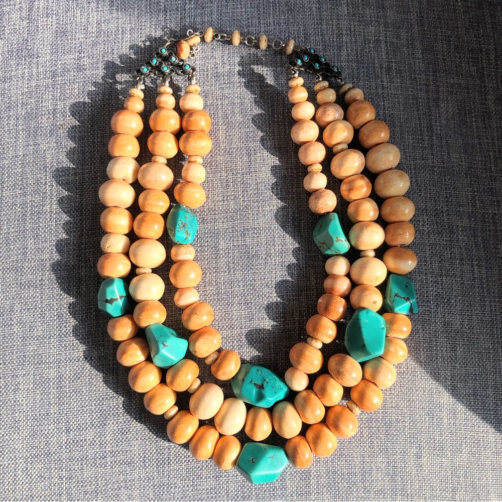 Gorgeous 3 strand turquoise nugget and natural stone beaded statement necklace.